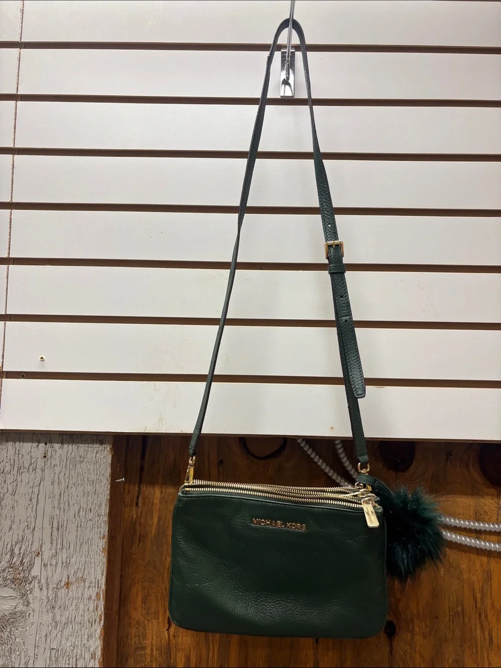 MICHAEL KORS Forest Green Leather Crossbody with Pom-Pom